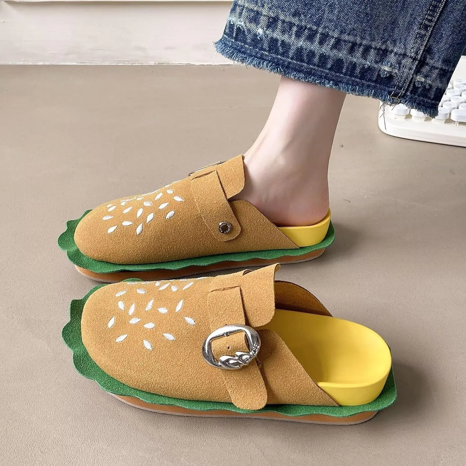 Women's Hamburger Clog Shoes with Arch Support,Unisex Slip on Suede Adjustable Buckle Mule Clogs Slippers with Soft Natural Rubber Footbed Comfort Burger Shoes Bizarre Gift for Women&Men
