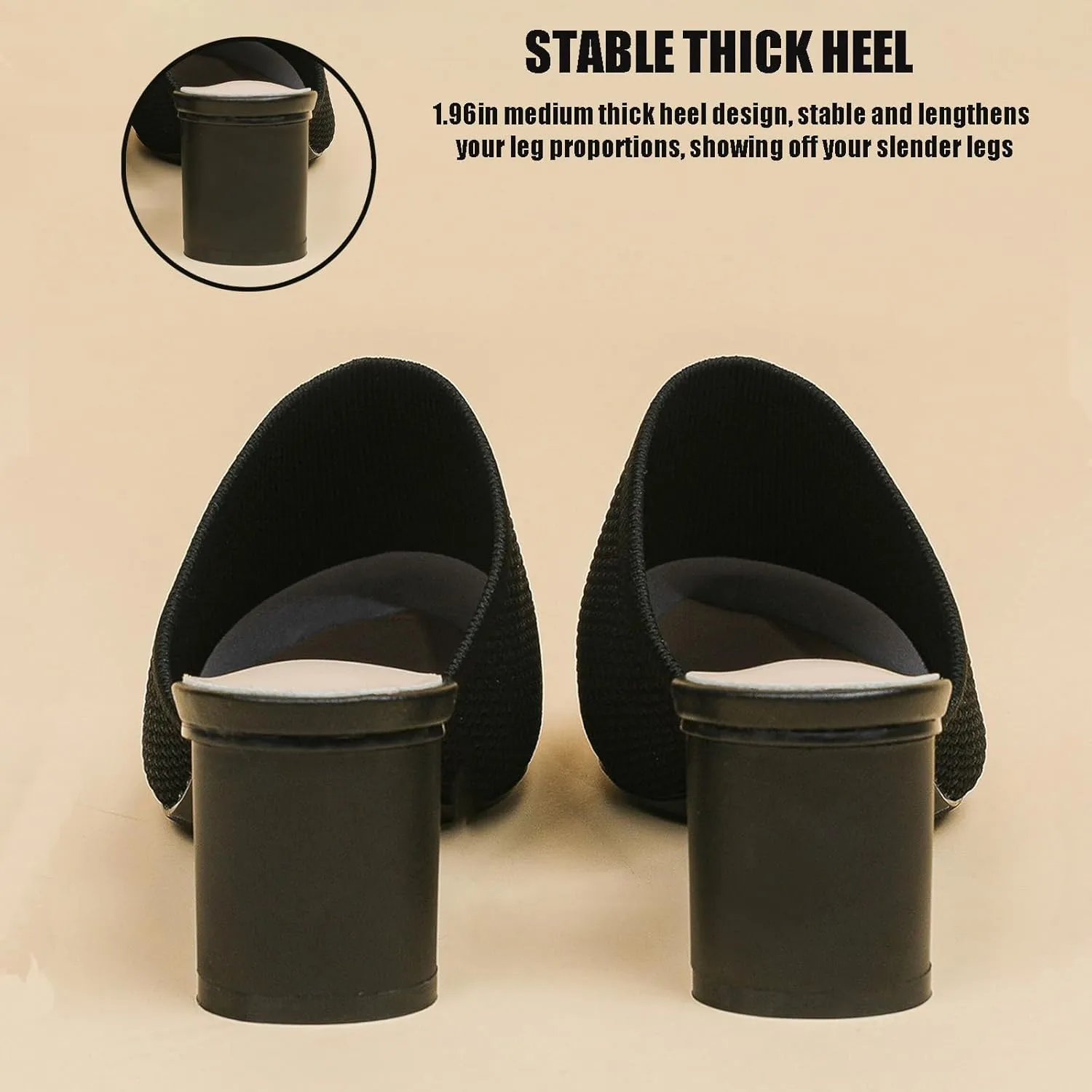 Women’s Knit Mesh Chunky Heel Mules Closed Pointed Toe Backless Slip On Mid Block Heel Dress Slide Sandals Summer Breathable Daily Party Pumps