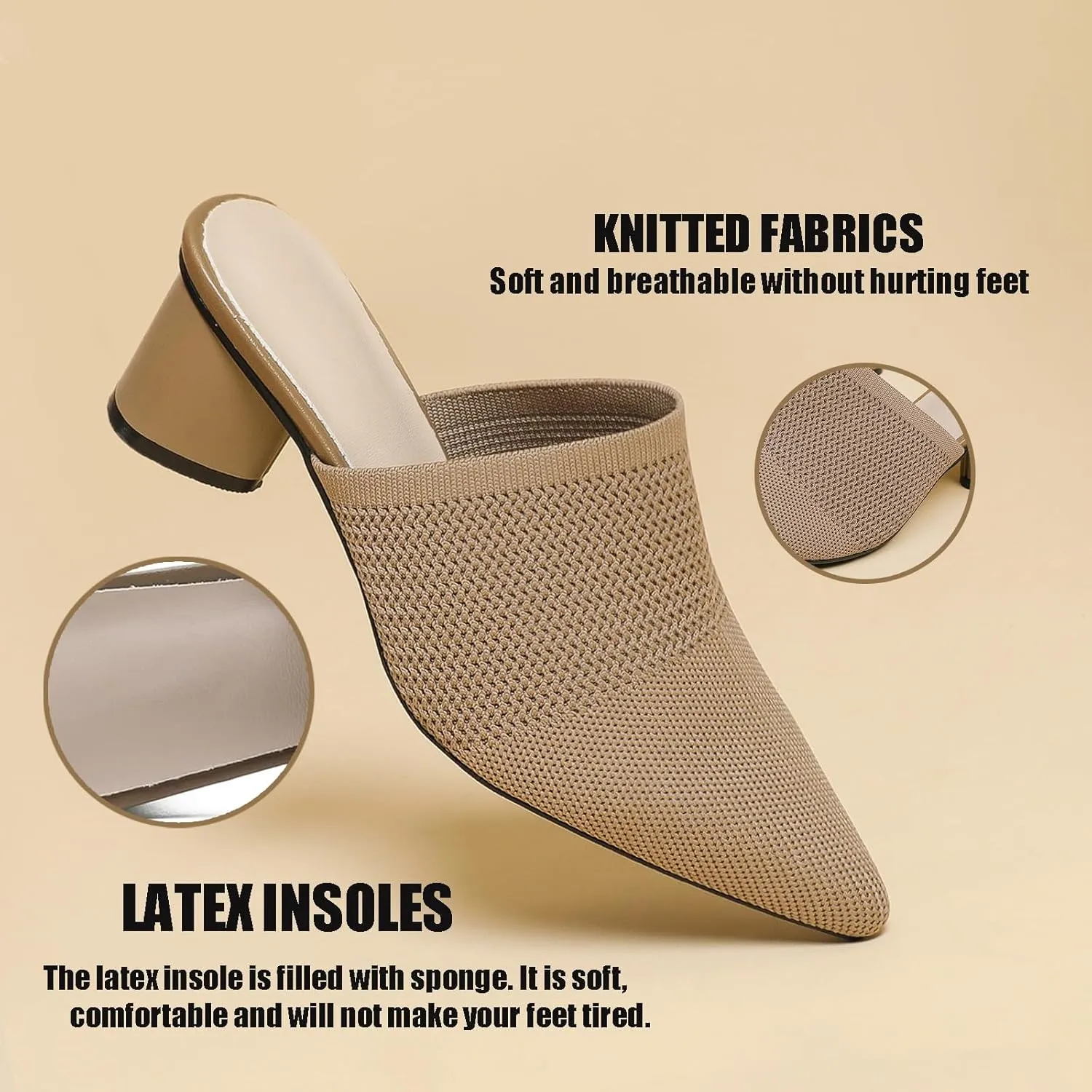 Women’s Knit Mesh Chunky Heel Mules Closed Pointed Toe Backless Slip On Mid Block Heel Dress Slide Sandals Summer Breathable Daily Party Pumps