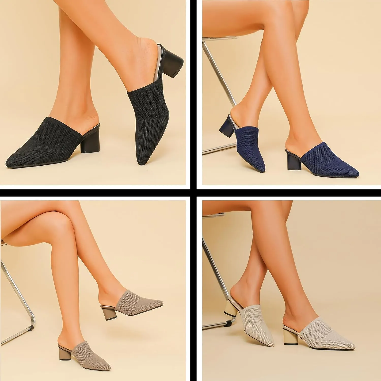 Women’s Knit Mesh Chunky Heel Mules Closed Pointed Toe Backless Slip On Mid Block Heel Dress Slide Sandals Summer Breathable Daily Party Pumps