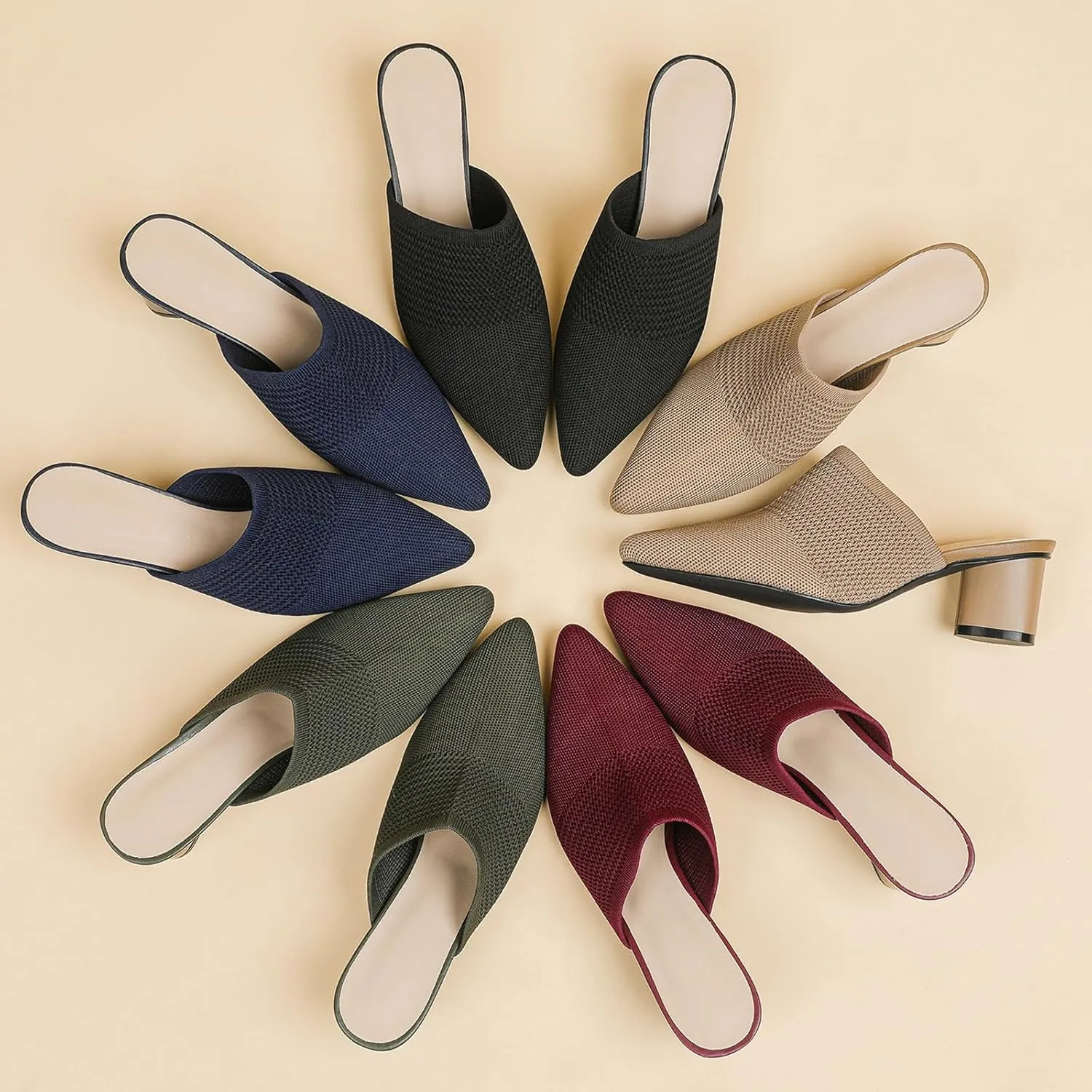 Women’s Knit Mesh Chunky Heel Mules Closed Pointed Toe Backless Slip On Mid Block Heel Dress Slide Sandals Summer Breathable Daily Party Pumps