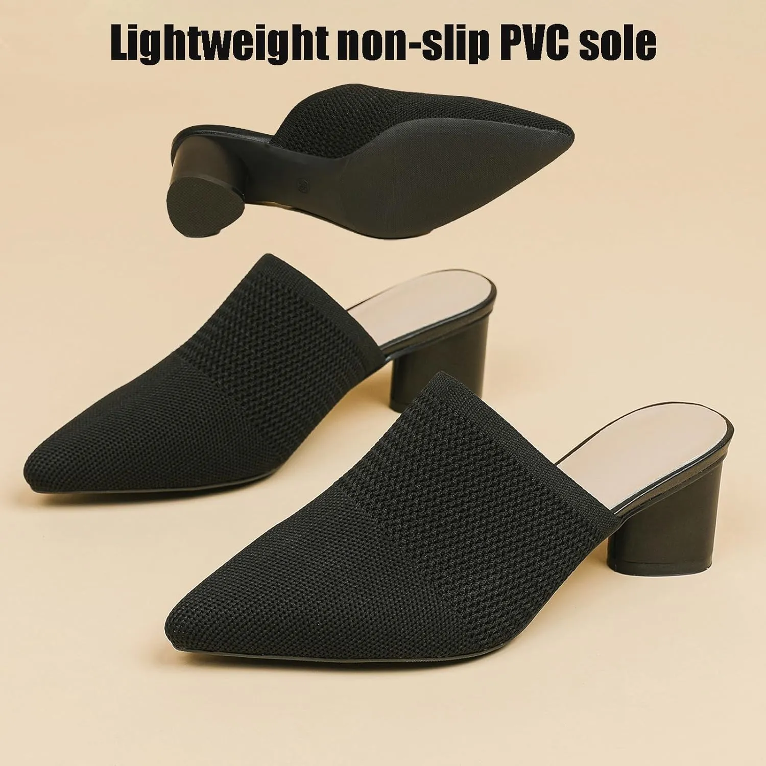 Women’s Knit Mesh Chunky Heel Mules Closed Pointed Toe Backless Slip On Mid Block Heel Dress Slide Sandals Summer Breathable Daily Party Pumps
