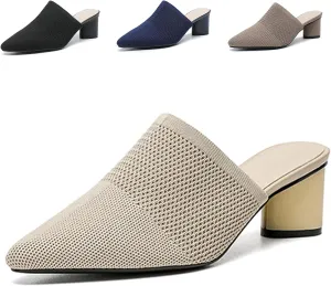 Women’s Knit Mesh Chunky Heel Mules Closed Pointed Toe Backless Slip On Mid Block Heel Dress Slide Sandals Summer Breathable Daily Party Pumps