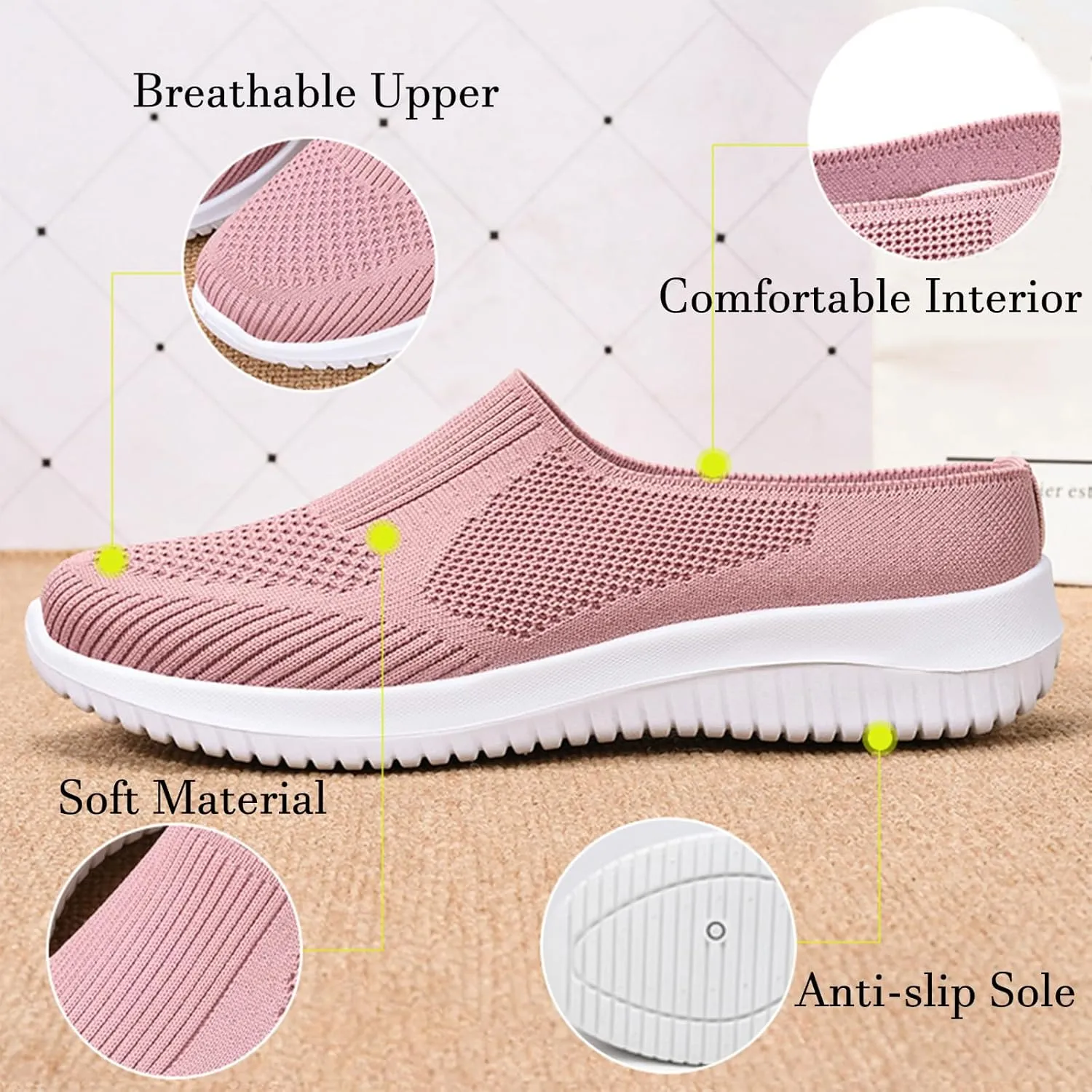 Women's Knitted Mesh Walking Mules Fashion Backless Breathable Lightweight Slip On Sneakers Soft Sole Non-Slip Loafers