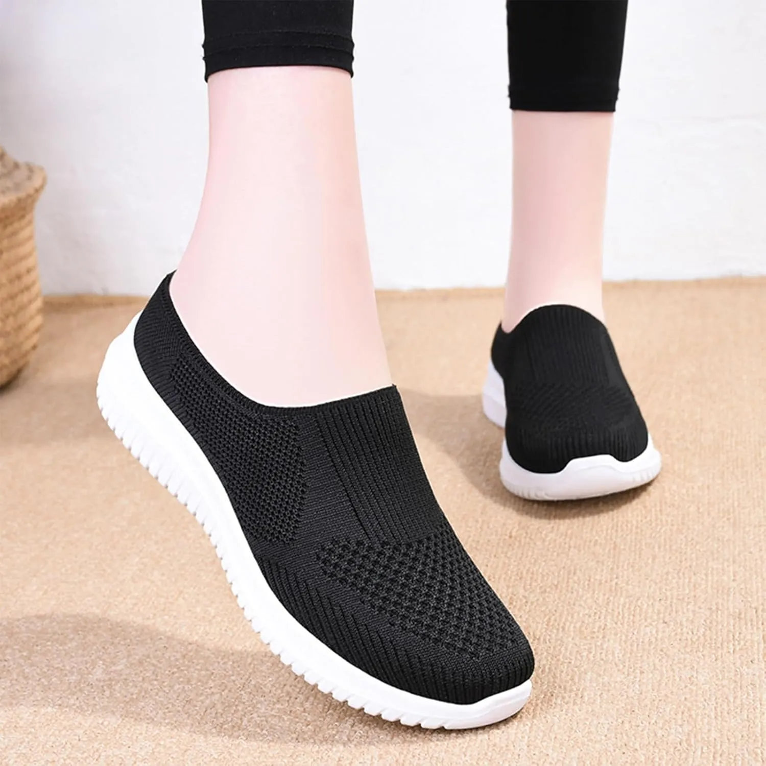 Women's Knitted Mesh Walking Mules Fashion Backless Breathable Lightweight Slip On Sneakers Soft Sole Non-Slip Loafers