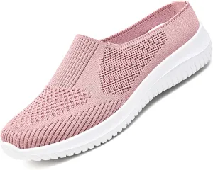 Women's Knitted Mesh Walking Mules Fashion Backless Breathable Lightweight Slip On Sneakers Soft Sole Non-Slip Loafers
