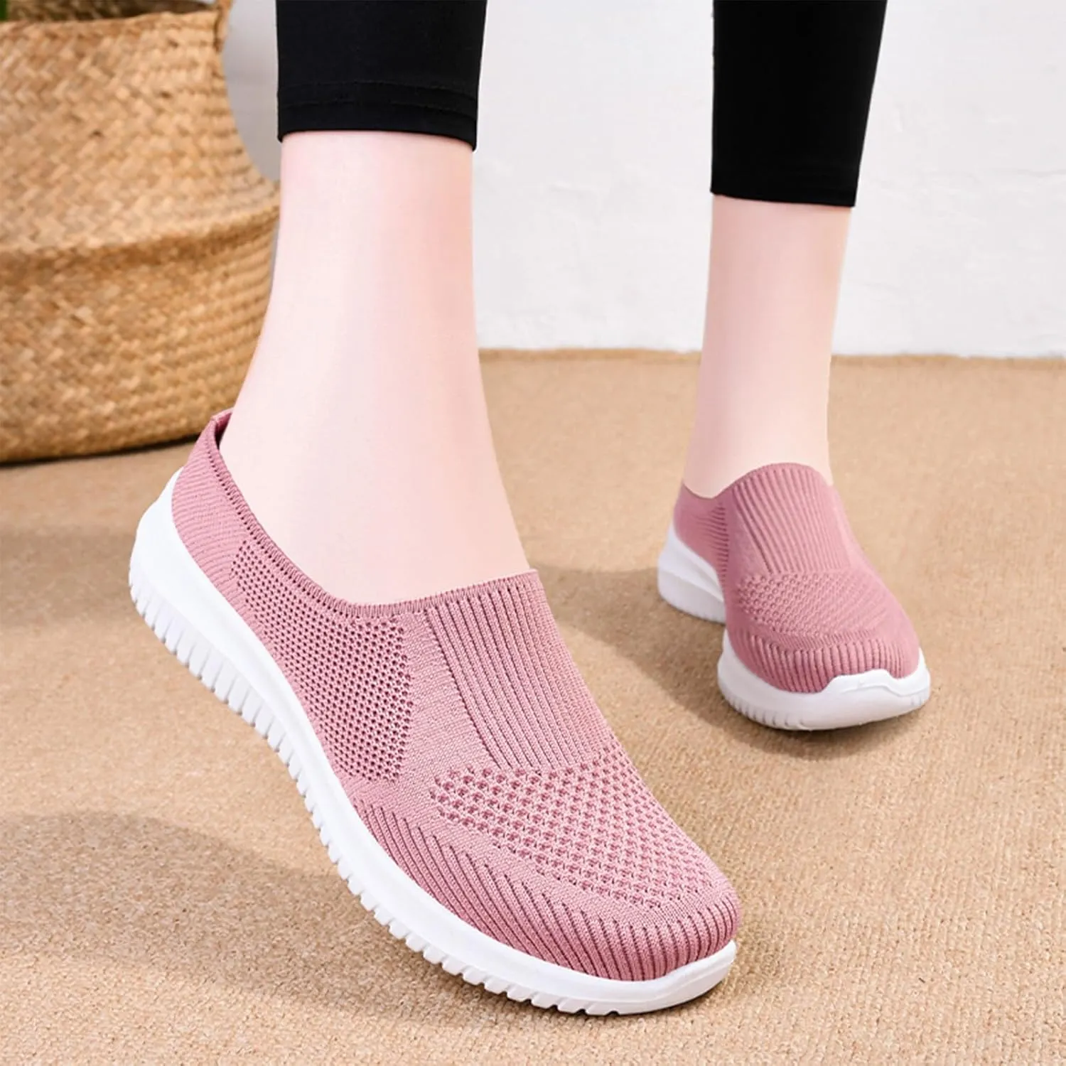 Women's Knitted Mesh Walking Mules Fashion Backless Breathable Lightweight Slip On Sneakers Soft Sole Non-Slip Loafers