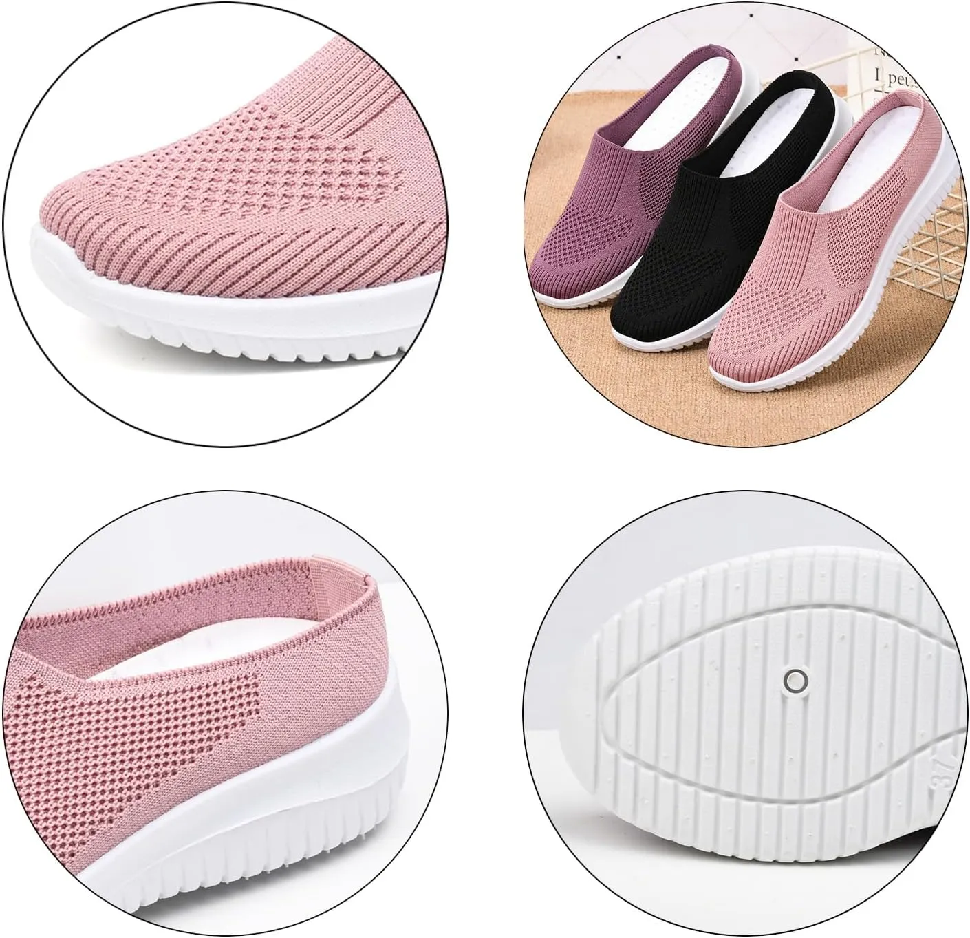 Women's Knitted Mesh Walking Mules Fashion Backless Breathable Lightweight Slip On Sneakers Soft Sole Non-Slip Loafers