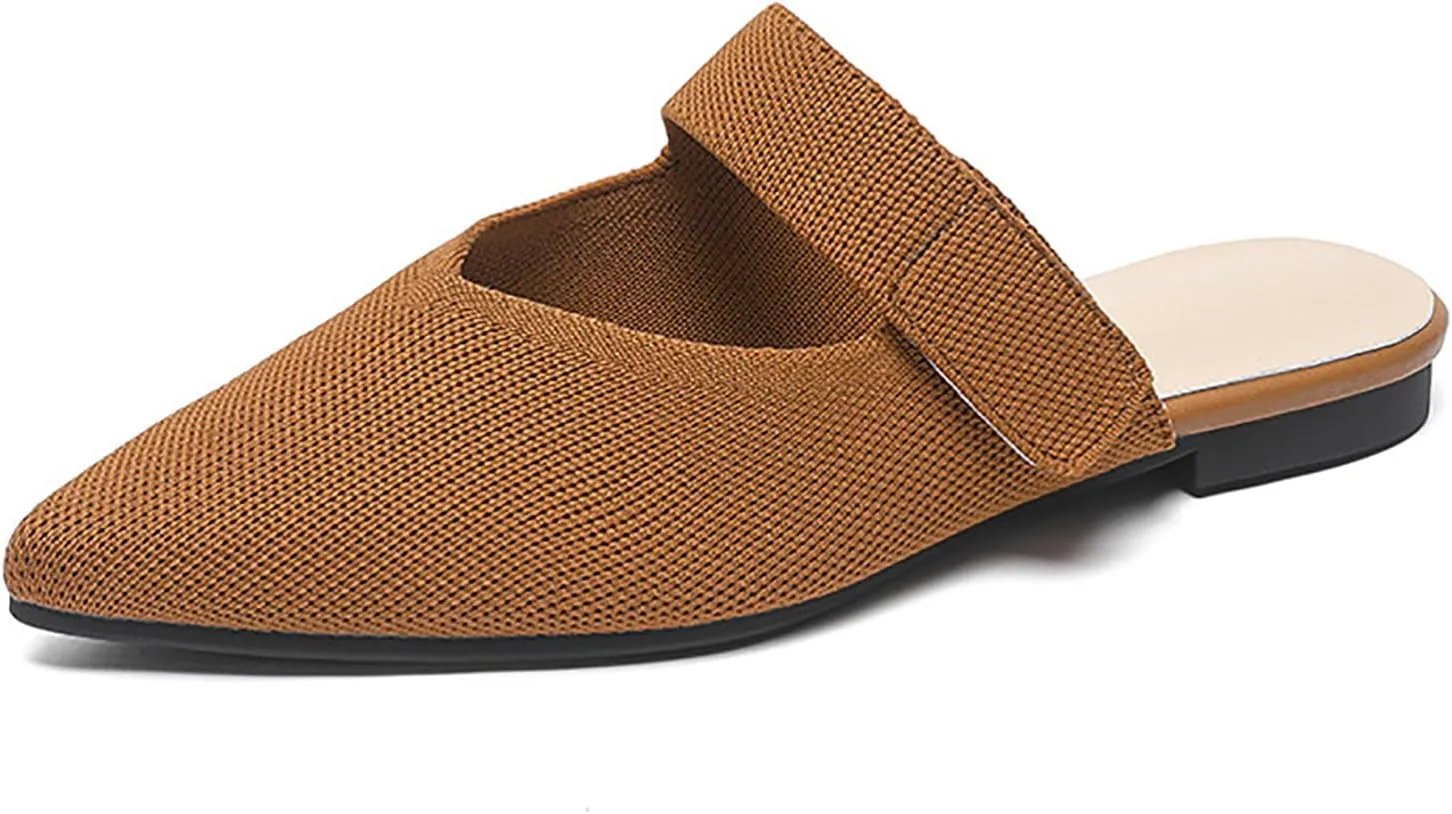 Women's Knitted Pointed Toe Flat Mules Summer Fashion Hook&Loop Slide Slippers Comfortable Slip On Breathable Backless Mesh Casual Flats Sandals mules for women