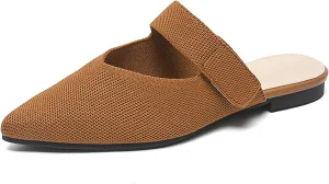 Women's Knitted Pointed Toe Flat Mules Summer Fashion Hook&Loop Slide Slippers Comfortable Slip On Breathable Backless Mesh Casual Flats Sandals mules for women