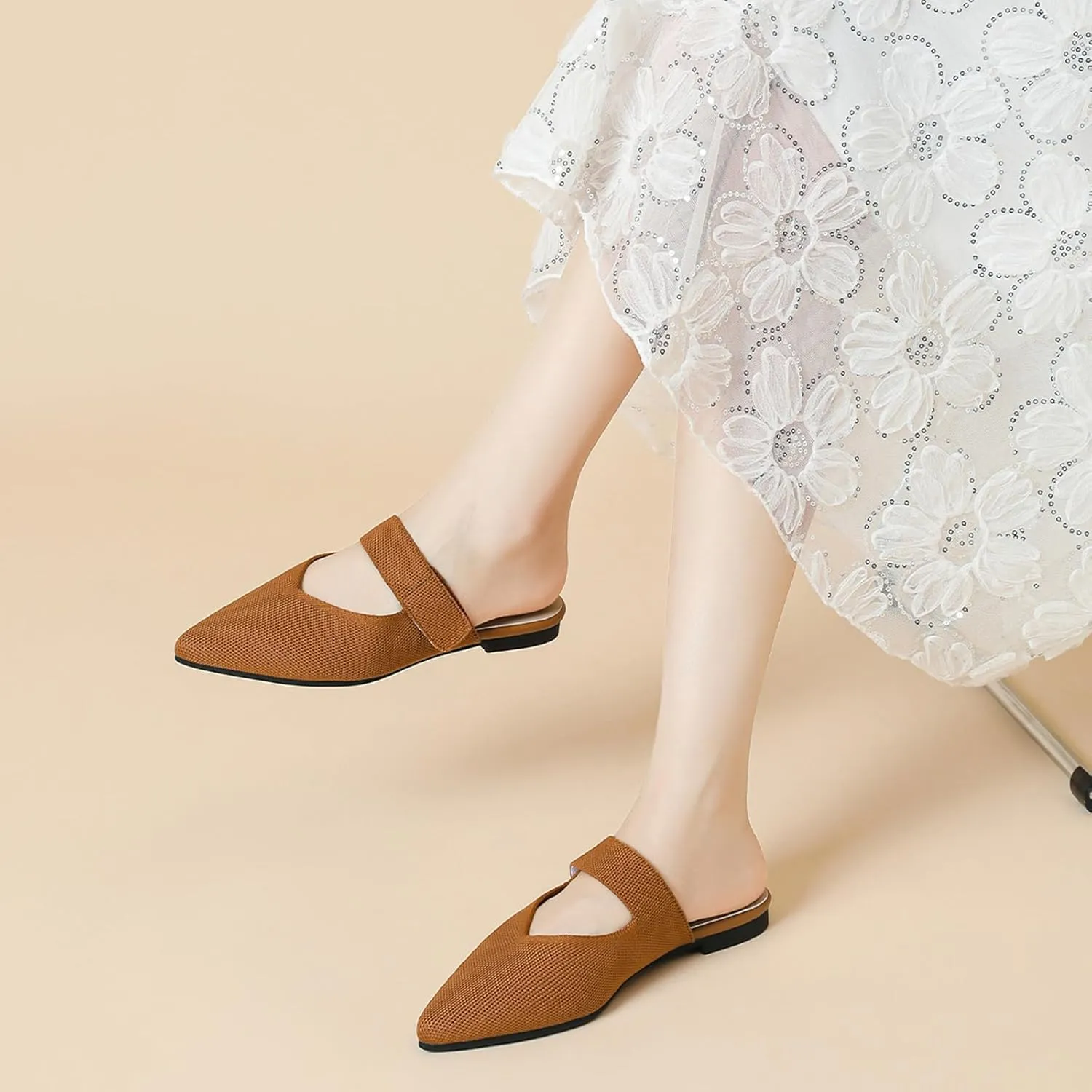 Women's Knitted Pointed Toe Flat Mules Summer Fashion Hook&Loop Slide Slippers Comfortable Slip On Breathable Backless Mesh Casual Flats Sandals mules for women