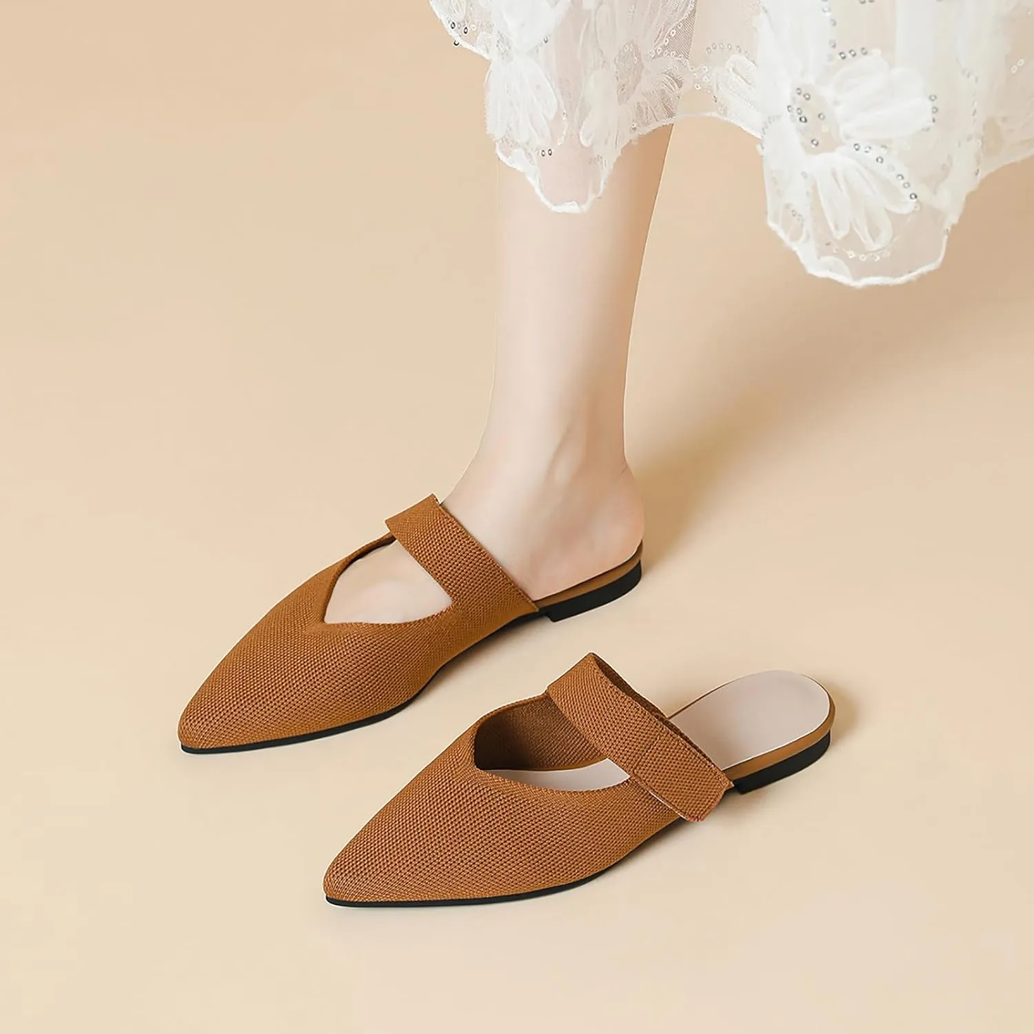 Women's Knitted Pointed Toe Flat Mules Summer Fashion Hook&Loop Slide Slippers Comfortable Slip On Breathable Backless Mesh Casual Flats Sandals mules for women