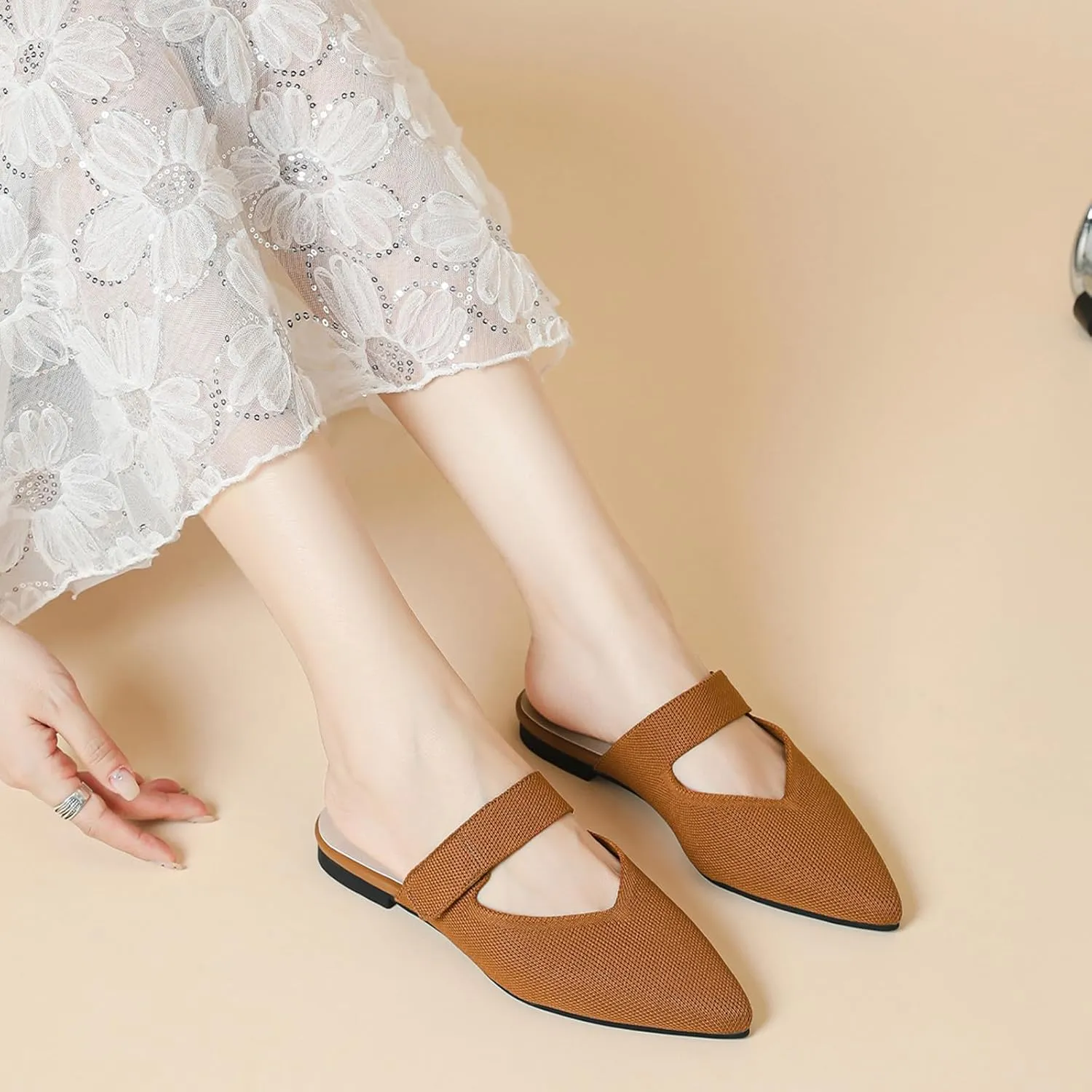 Women's Knitted Pointed Toe Flat Mules Summer Fashion Hook&Loop Slide Slippers Comfortable Slip On Breathable Backless Mesh Casual Flats Sandals mules for women