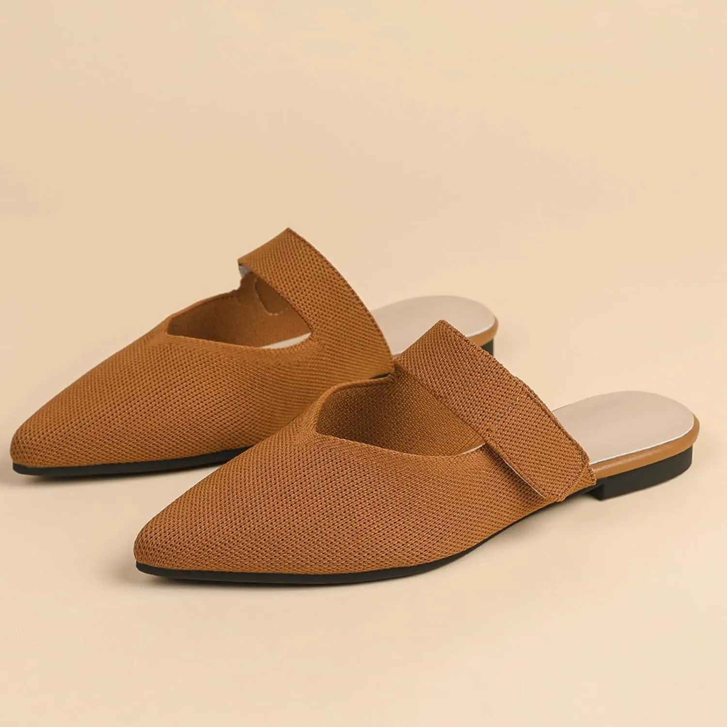 Women's Knitted Pointed Toe Flat Mules Summer Fashion Hook&Loop Slide Slippers Comfortable Slip On Breathable Backless Mesh Casual Flats Sandals mules for women