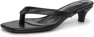 Women'S Leather Kitten Heel Flip Flops With Memory Foam Slip On Square Open Toe Cute Low Heels Dress Thong Sandals Summer Outdoor Comfortable Strappy Beach Slide Sandals