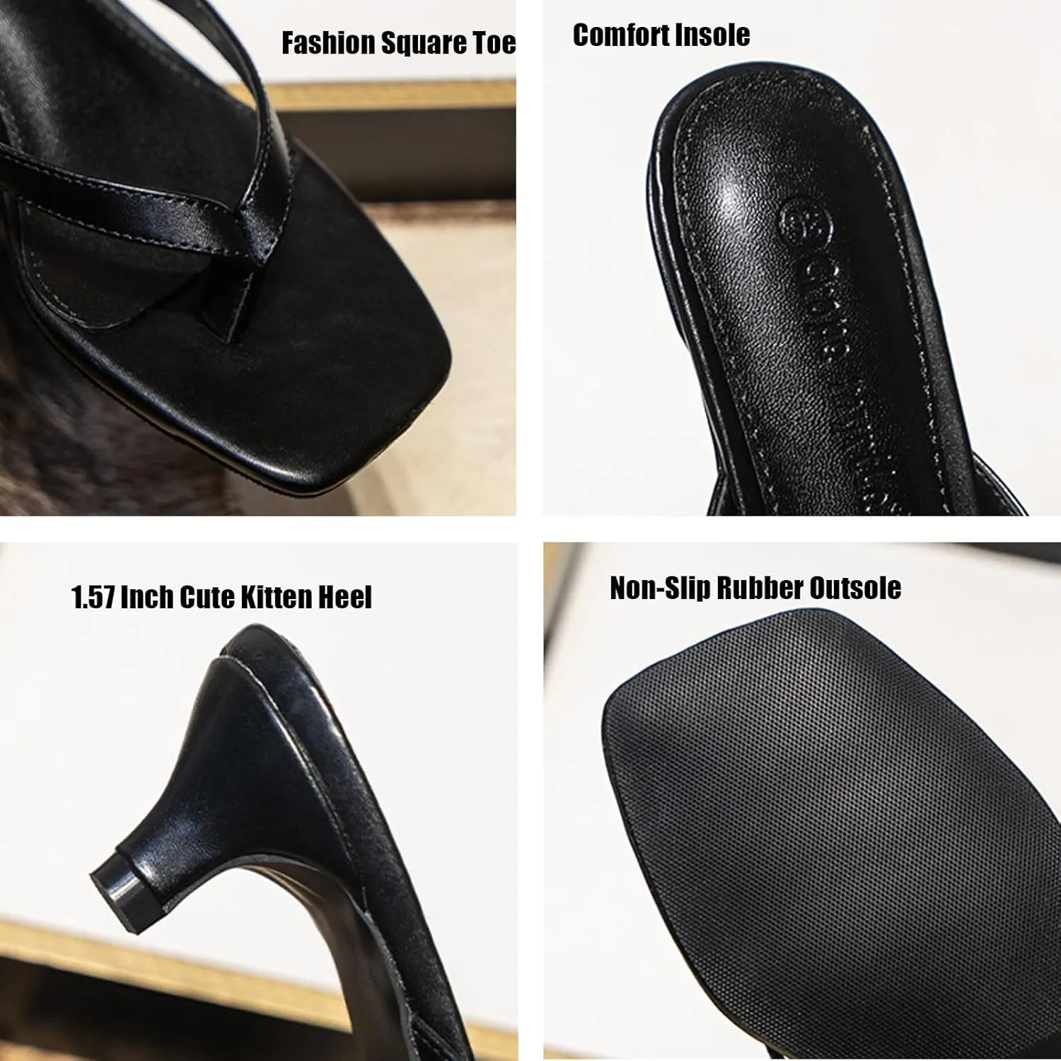Women'S Leather Kitten Heel Flip Flops With Memory Foam Slip On Square Open Toe Cute Low Heels Dress Thong Sandals Summer Outdoor Comfortable Strappy Beach Slide Sandals