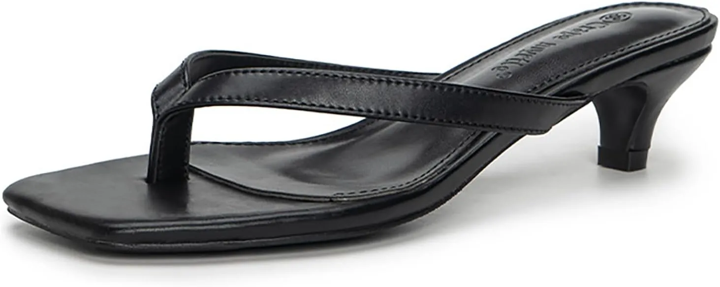 Women'S Leather Kitten Heel Flip Flops With Memory Foam Slip On Square Open Toe Cute Low Heels Dress Thong Sandals Summer Outdoor Comfortable Strappy Beach Slide Sandals