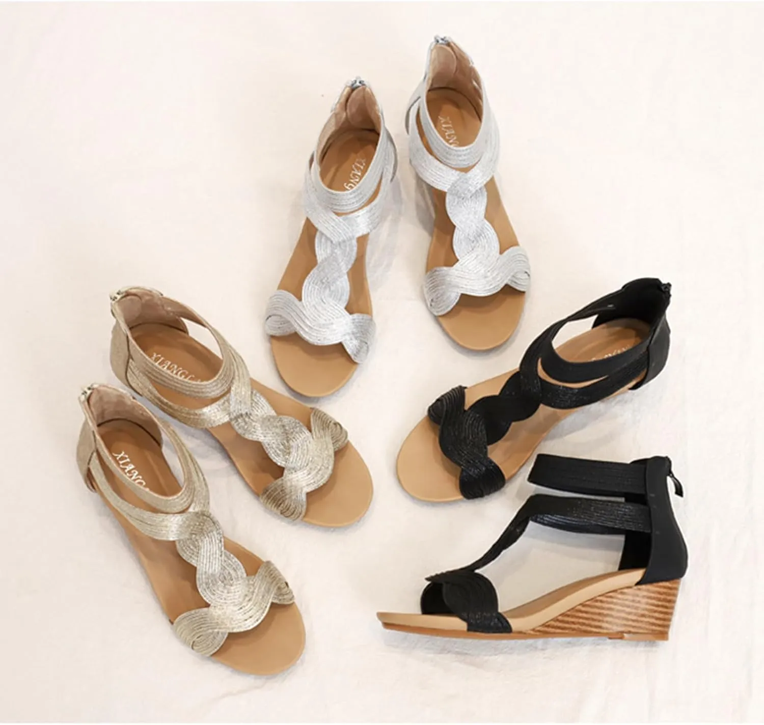 Women's Low Wedge Heels Summer Dressy Flatform Sandals, Ankle Strap Open Toe Roman Wedge Sandals Summer Comfort Zipper Walking Slingback Shoes
