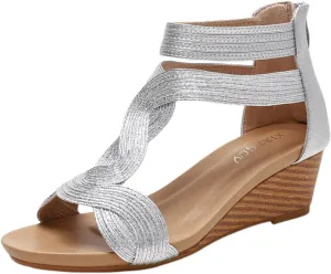 Women's Low Wedge Heels Summer Dressy Flatform Sandals, Ankle Strap Open Toe Roman Wedge Sandals Summer Comfort Zipper Walking Slingback Shoes
