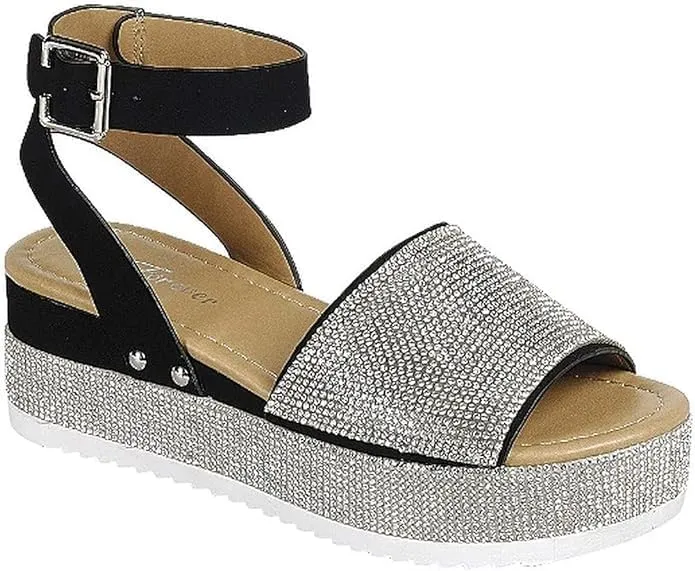 Women's Luxury Rhinestone Glitter Crystal Slide Footbed Platform Sandals (Black Nub-96, numeric_7_point_5)