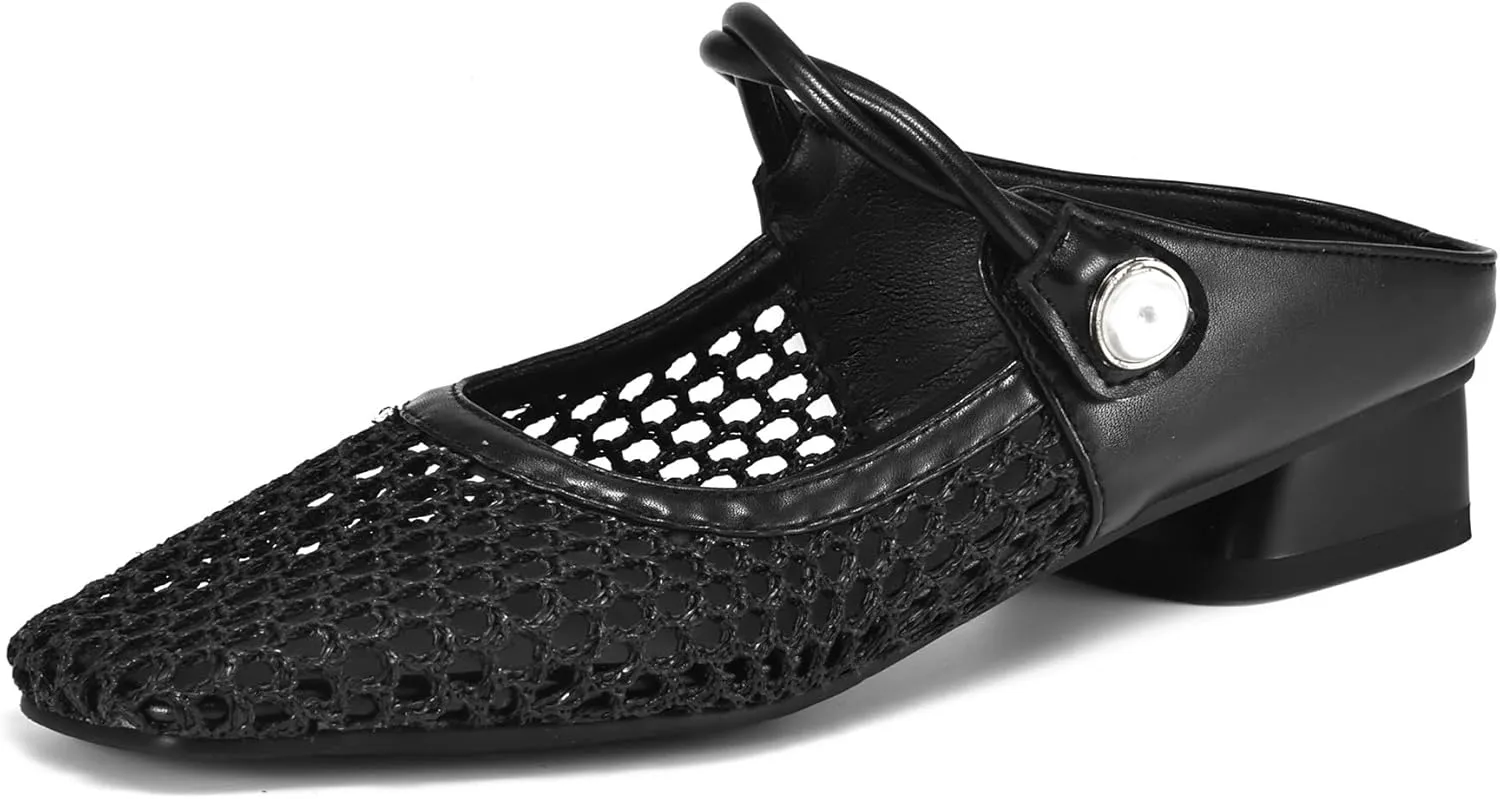 Women's Mesh Mule Flats Low Block Heel Comfortable Breathable Slip-On Shoes Casual Stylish Unique Pearl Mules