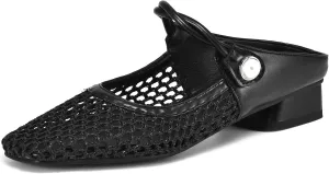 Women's Mesh Mule Flats Low Block Heel Comfortable Breathable Slip-On Shoes Casual Stylish Unique Pearl Mules