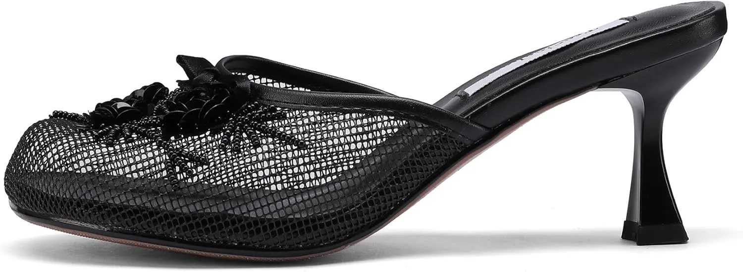 Women's Mesh Mule Slip On Sandals With Floral Sequin Embellishments Round Toe Middle Heel Slides Slippers 2.5 Inch