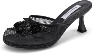 Women's Mesh Mule Slip On Sandals With Floral Sequin Embellishments Round Toe Middle Heel Slides Slippers 2.5 Inch