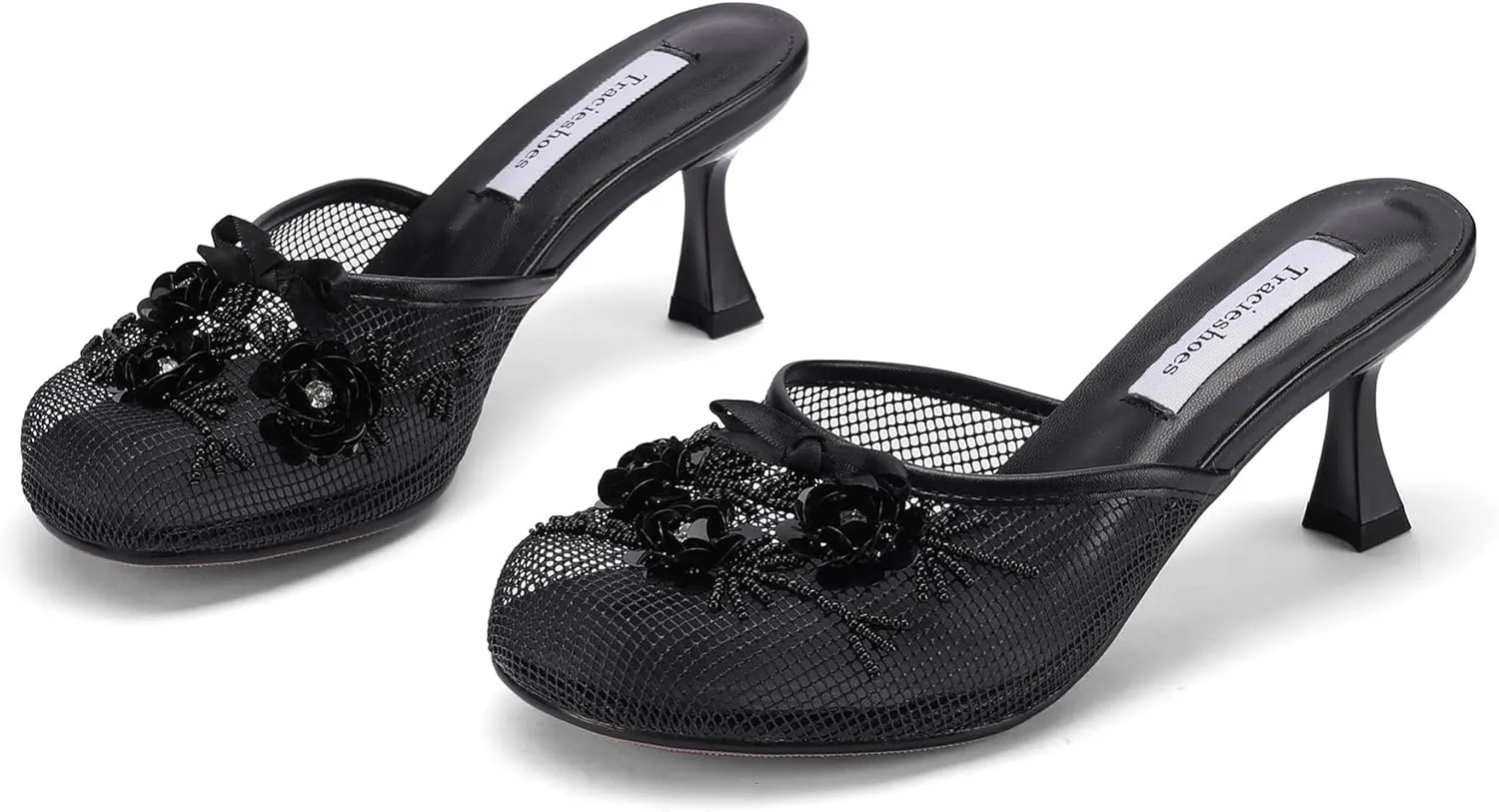Women's Mesh Mule Slip On Sandals With Floral Sequin Embellishments Round Toe Middle Heel Slides Slippers 2.5 Inch