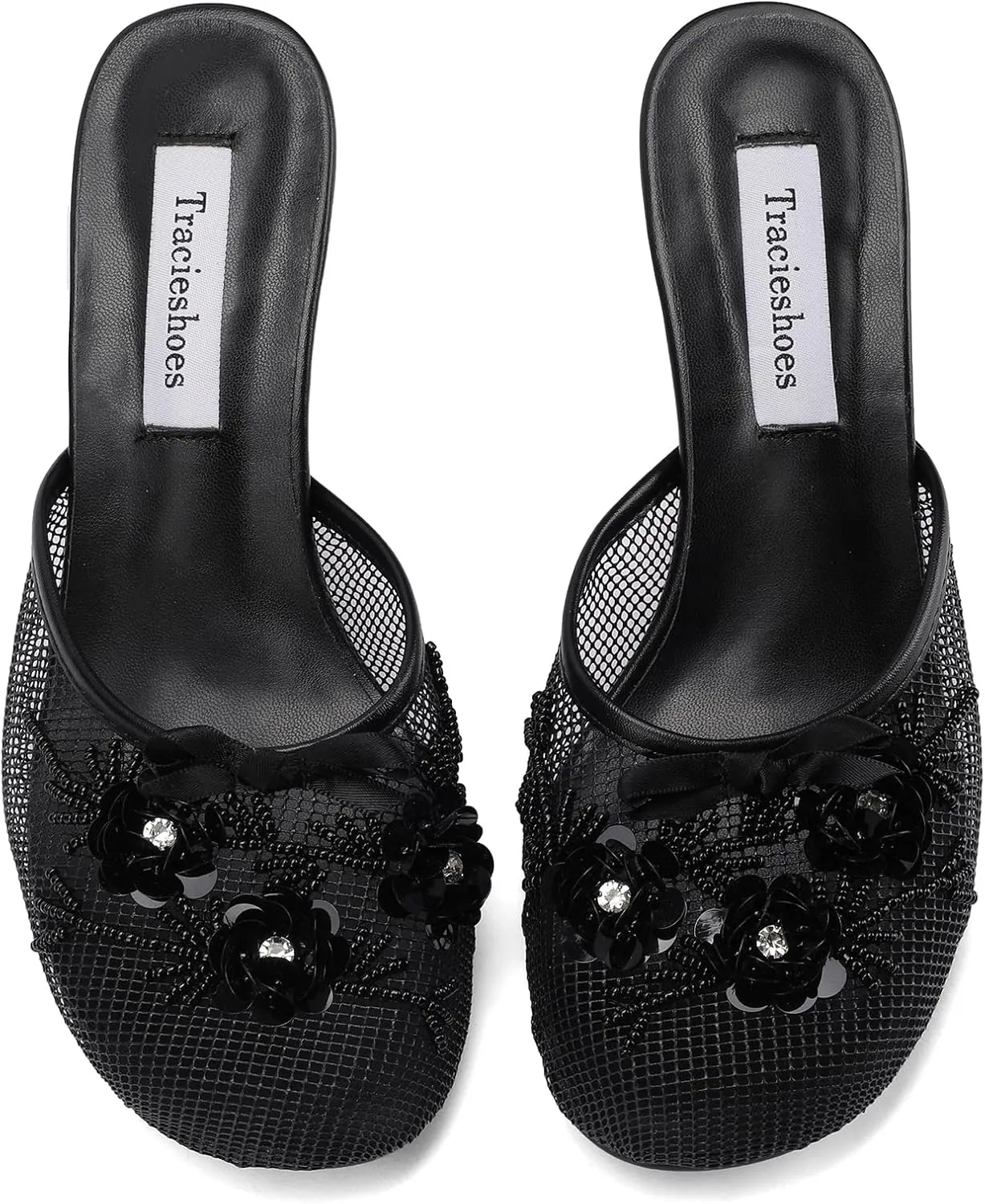 Women's Mesh Mule Slip On Sandals With Floral Sequin Embellishments Round Toe Middle Heel Slides Slippers 2.5 Inch