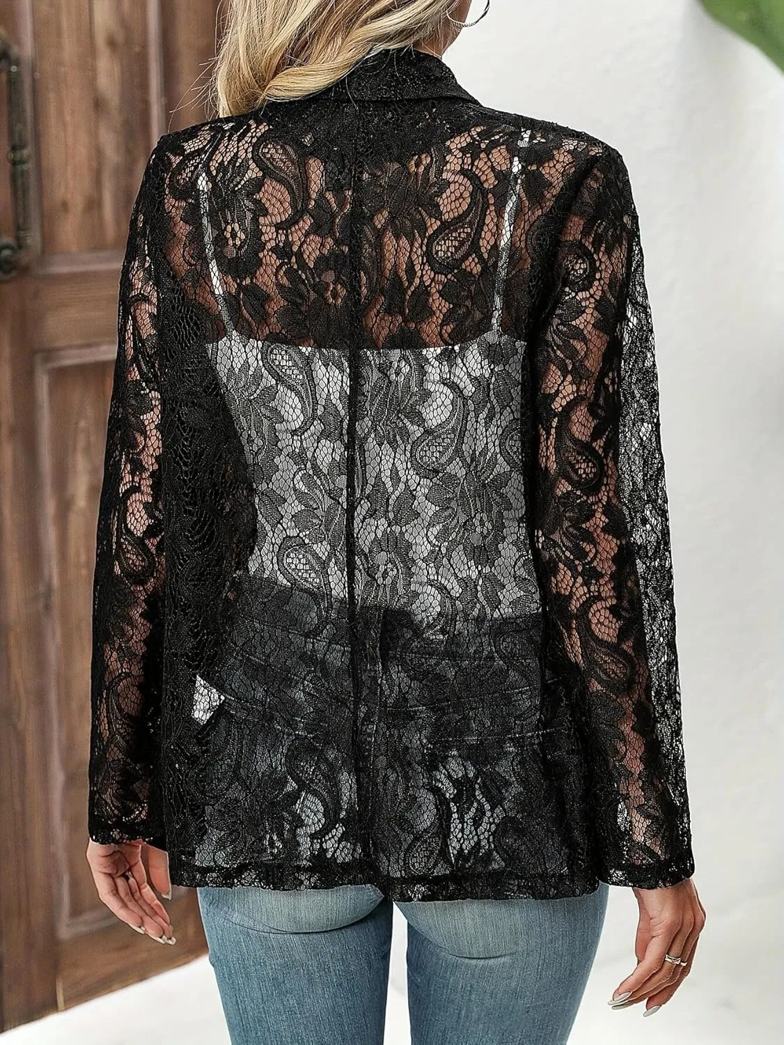 Women's Open Front Long Sleeve Lace Cardigan Lightweight Floral Crochet Knit Sheer Cardigan Suit
