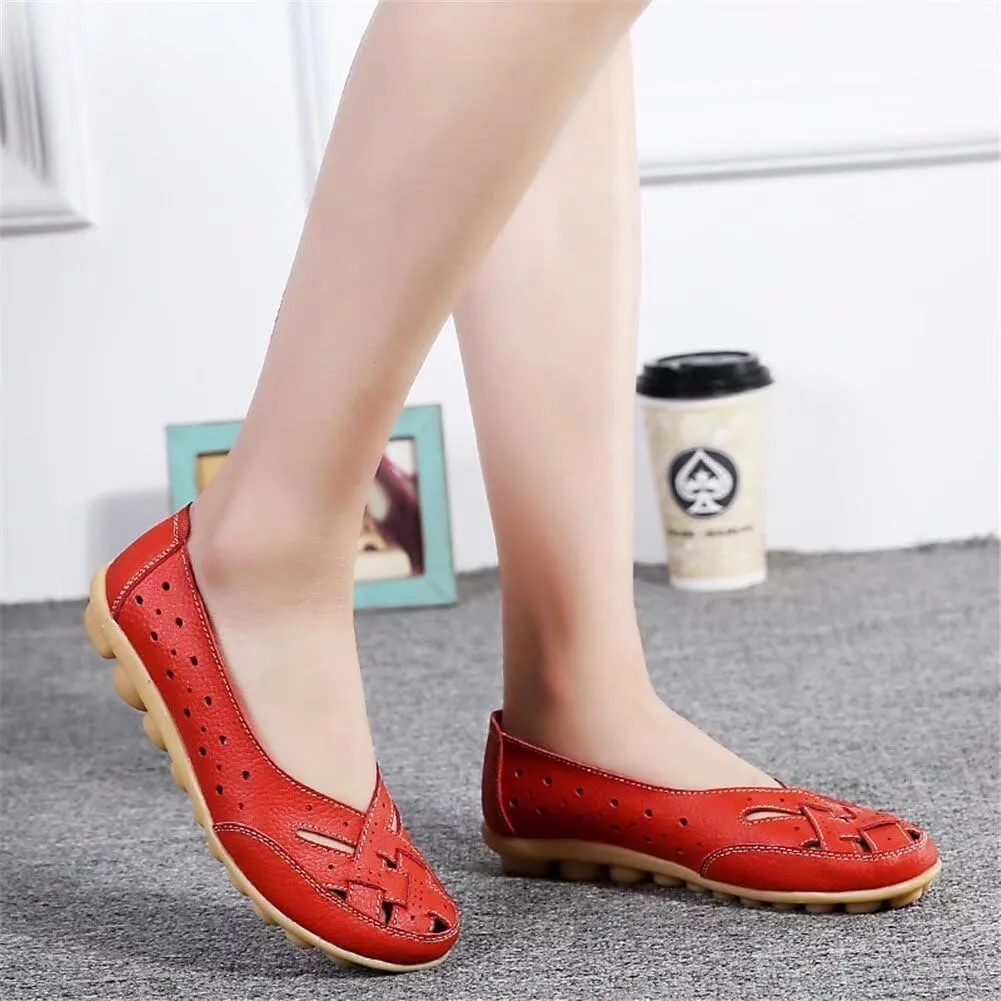 Womens Orthopedic Loafers in Breathable Leather Comfortable Hollow Soft Flats Sandals Summer Casual Slip-On Shoes