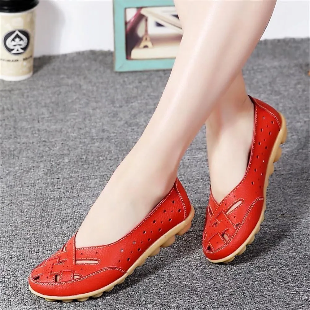 Womens Orthopedic Loafers in Breathable Leather Comfortable Hollow Soft Flats Sandals Summer Casual Slip-On Shoes