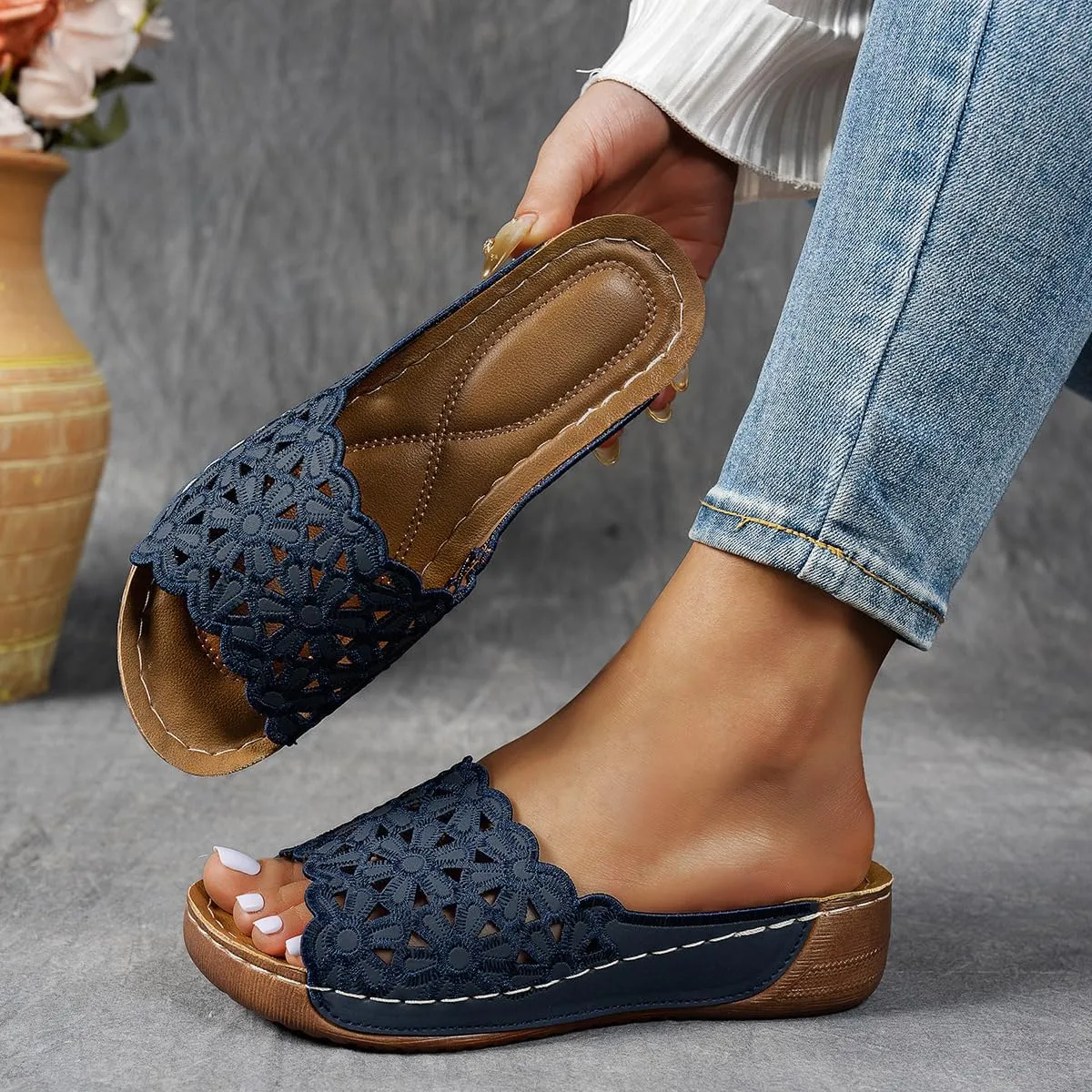 Women's Orthopedic Wedge Sandals With Floral Straps, Mesh Breathable Anti-Slip Casual Slingback Peep Toe Walking Slippers