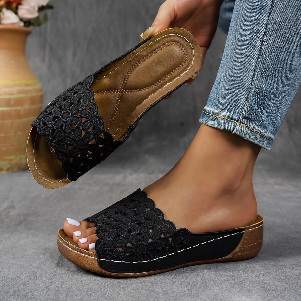 Women's Orthopedic Wedge Sandals With Floral Straps, Mesh Breathable Anti-Slip Casual Slingback Peep Toe Walking Slippers