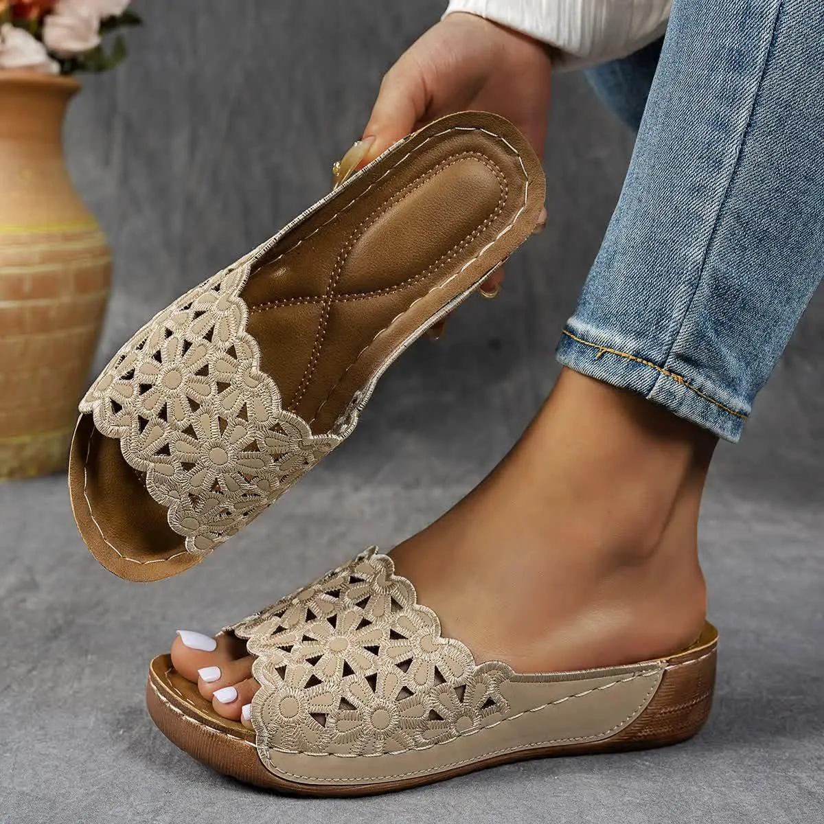 Women's Orthopedic Wedge Sandals With Floral Straps, Mesh Breathable Anti-Slip Casual Slingback Peep Toe Walking Slippers