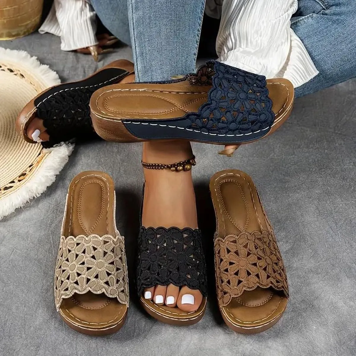 Women's Orthopedic Wedge Sandals With Floral Straps, Mesh Breathable Anti-Slip Casual Slingback Peep Toe Walking Slippers