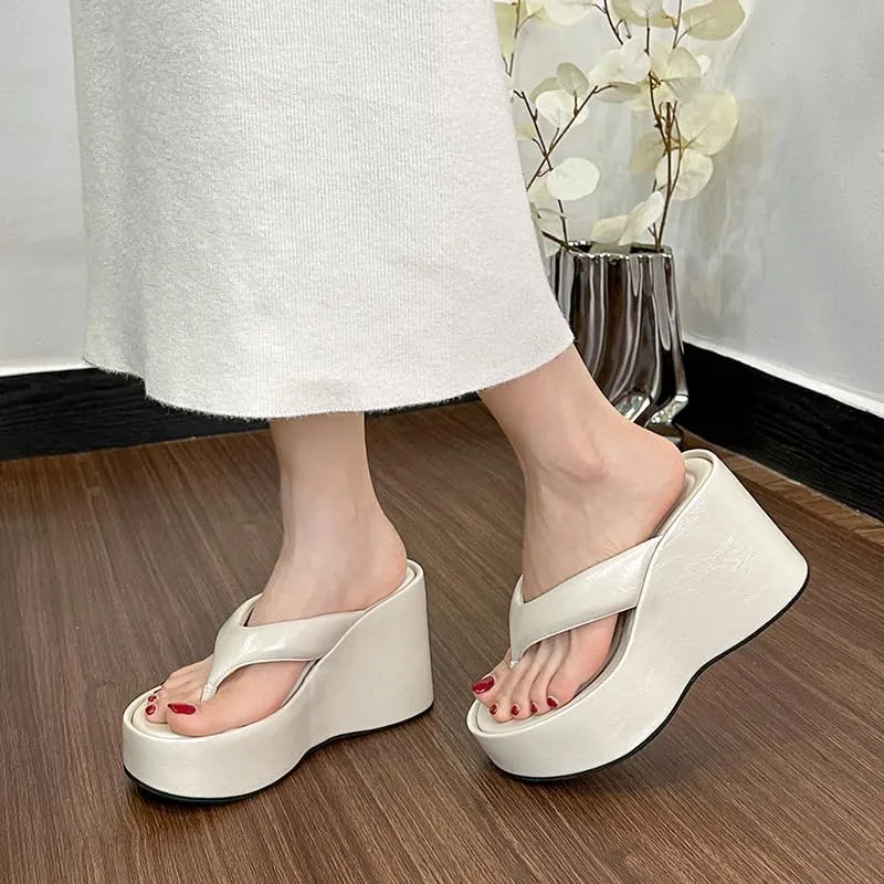 Womens Platform Flip Flops Slip on Slides Sandals, Wedge Flip Flops Chunky High Heel Sandals Summer Beach Thong Heels