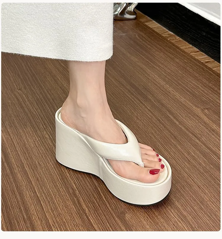 Womens Platform Flip Flops Slip on Slides Sandals, Wedge Flip Flops Chunky High Heel Sandals Summer Beach Thong Heels