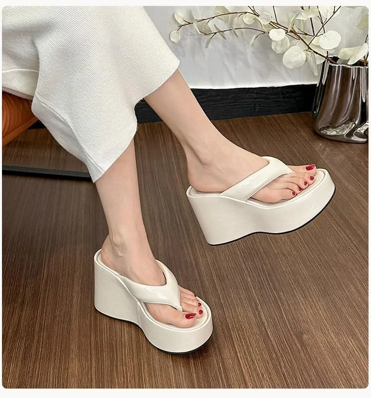 Womens Platform Flip Flops Slip on Slides Sandals, Wedge Flip Flops Chunky High Heel Sandals Summer Beach Thong Heels