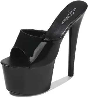 Women's Platform Stiletto Mules, Patent Black, 7-Inch High Heel Black Fish Toe Slipper