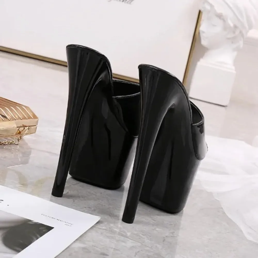 Women's Platform Stiletto Mules, Patent Black, 7-Inch High Heel Black Fish Toe Slipper