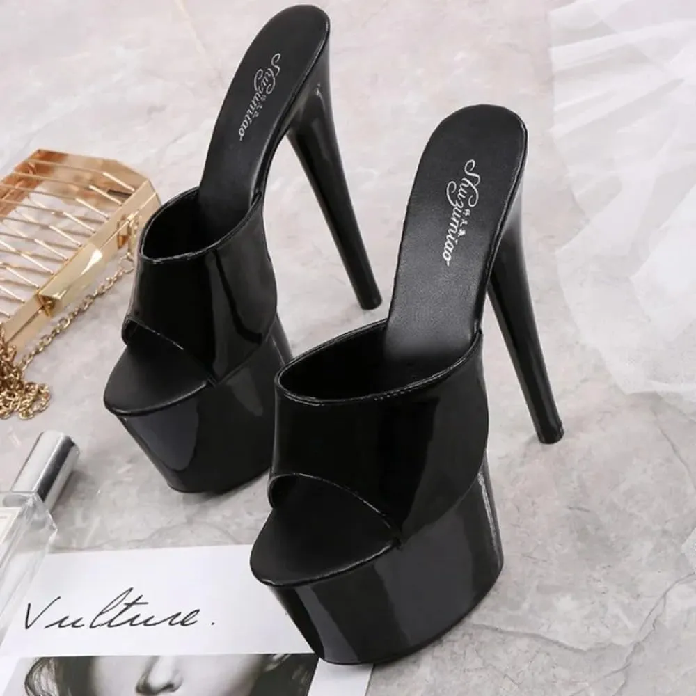 Women's Platform Stiletto Mules, Patent Black, 7-Inch High Heel Black Fish Toe Slipper