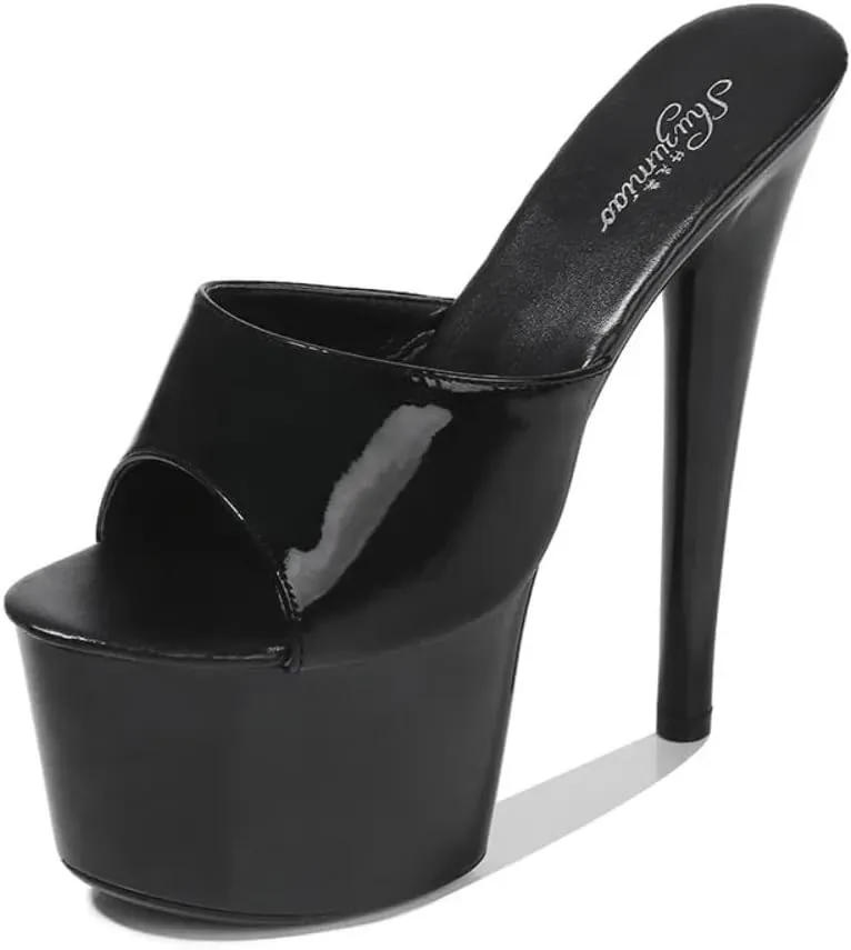 Women's Platform Stiletto Mules, Patent Black, 7-Inch High Heel Black Fish Toe Slipper