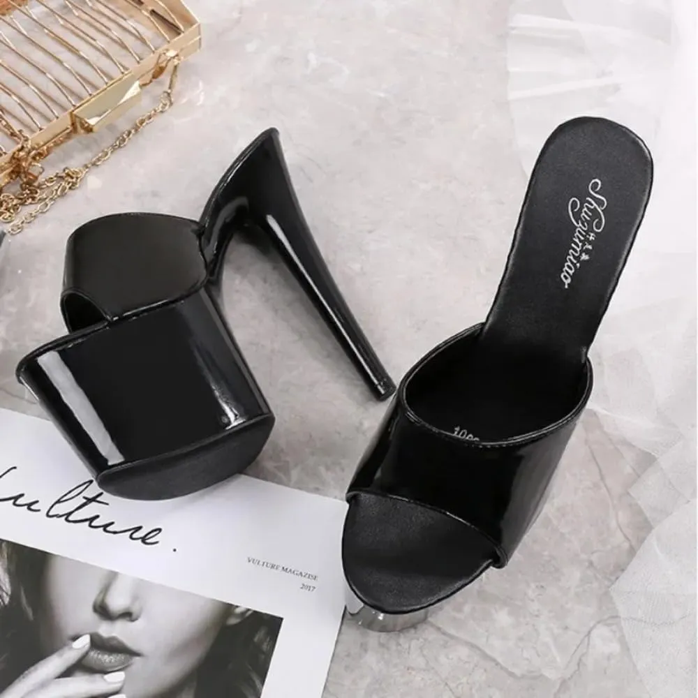 Women's Platform Stiletto Mules, Patent Black, 7-Inch High Heel Black Fish Toe Slipper