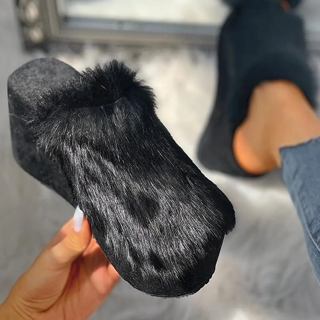Women's Platforms Wedges Open Toe Slippers Comfy Faux Fur House Slipper Scuff Memory Foam Slip on Anti-Skid Sole