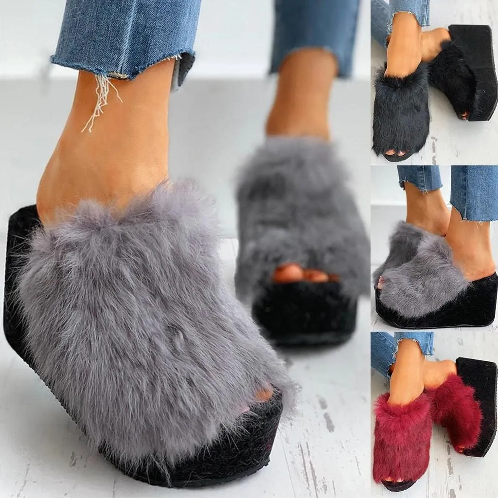 Women's Platforms Wedges Open Toe Slippers Comfy Faux Fur House Slipper Scuff Memory Foam Slip on Anti-Skid Sole