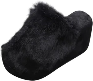 Women's Platforms Wedges Open Toe Slippers Comfy Faux Fur House Slipper Scuff Memory Foam Slip on Anti-Skid Sole