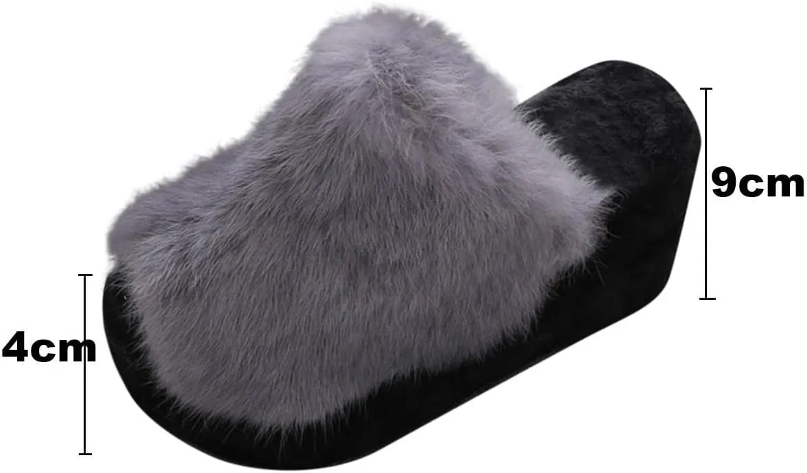 Women's Platforms Wedges Open Toe Slippers Comfy Faux Fur House Slipper Scuff Memory Foam Slip on Anti-Skid Sole