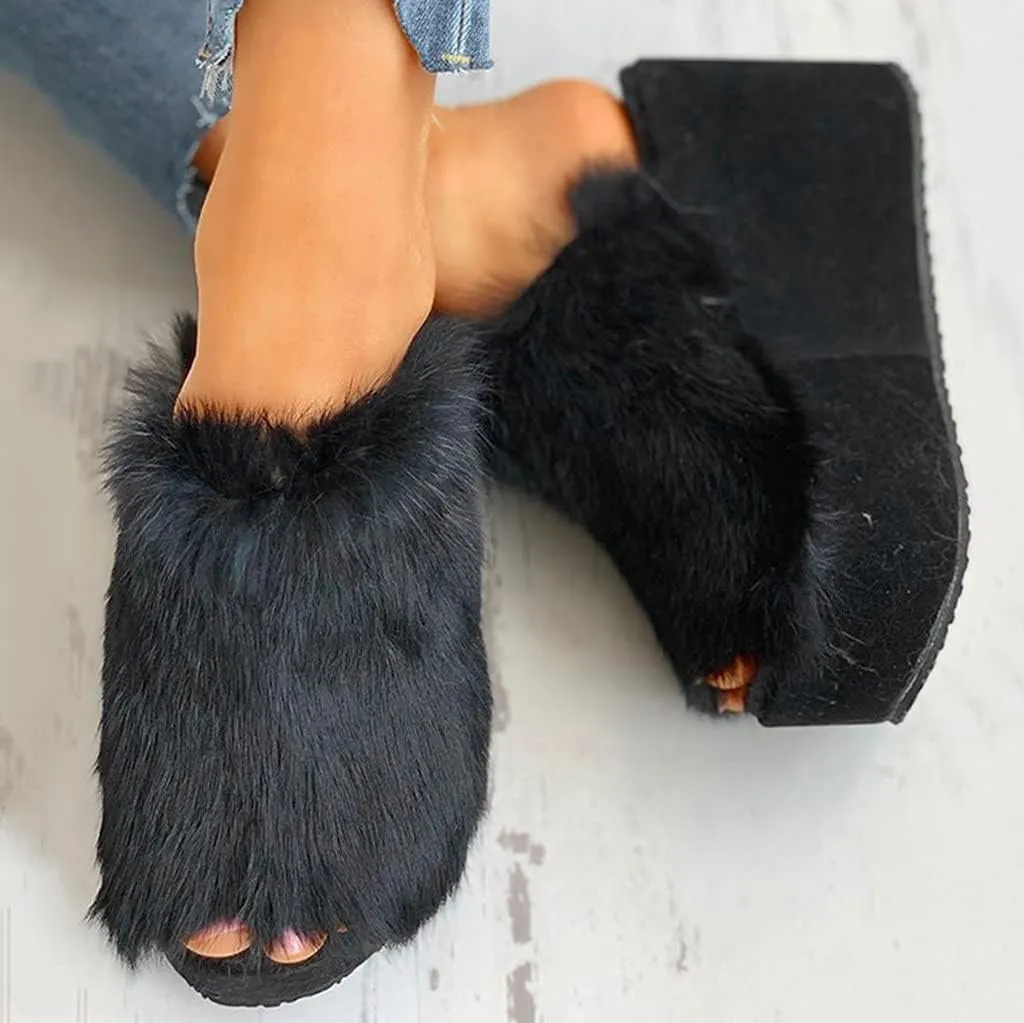 Women's Platforms Wedges Open Toe Slippers Comfy Faux Fur House Slipper Scuff Memory Foam Slip on Anti-Skid Sole